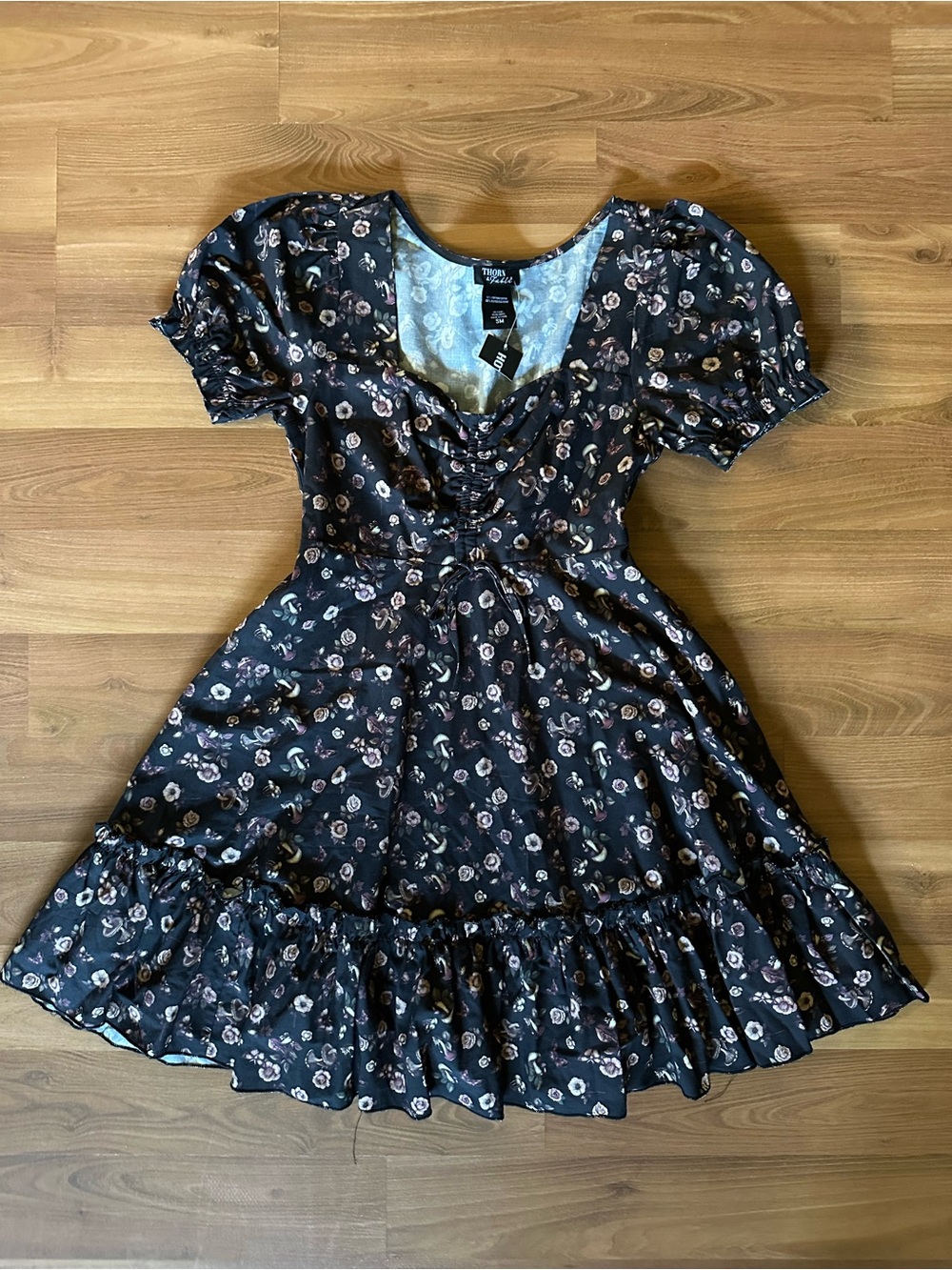 Hot Topic Black Dark Floral Mushroom Midi Dress with Pink Accent Flowers